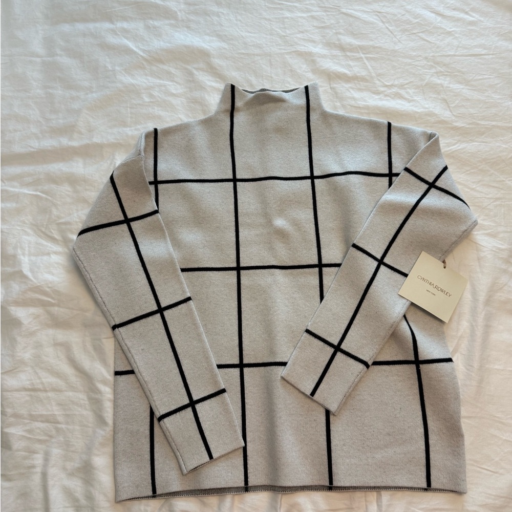 Cynthia Rowley Cream and Black Grid Turtleneck Sweater